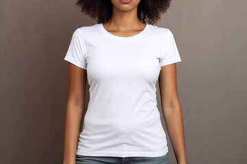 Versatile plain white t-shirt mockup with female model in photo studio - front and back views, clean and modern apparel template for designers and brands