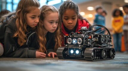 A group of students huddled around a robotic teacher, learning the intricacies of coding and robotics, preparing for a future shaped by technology. - obrazy, fototapety, plakaty