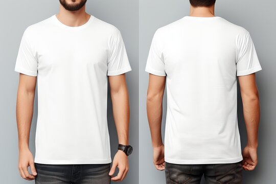 Modern plain white t-shirt mockup template in photo studio setting with male model - front and back views, stylish apparel mockup for fashion brand presentation