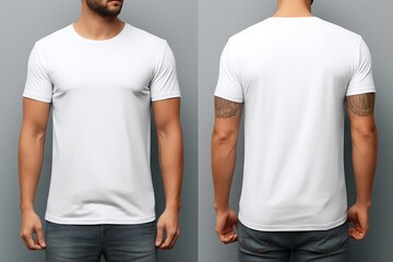 Modern plain white t-shirt mockup template in photo studio setting with male model - front and back views, stylish apparel mockup for fashion brand presentation - obrazy, fototapety, plakaty