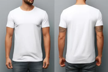 Fotobehang Modern plain white t-shirt mockup template in photo studio setting with male model - front and back views, stylish apparel mockup for fashion brand presentation © Ameer