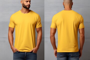 Male model in yellow t-shirt mockup: photo studio views, front and back - apparel template for designers and creatives