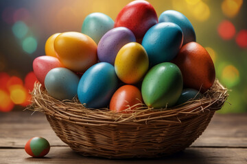 Fototapeta na wymiar Festive Easter eggs in a basket, multi-colored. Easter is a bright holiday