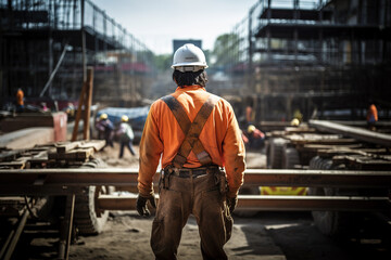 Back view of construction technician with orange safety uniform and white hard hat on construction site.