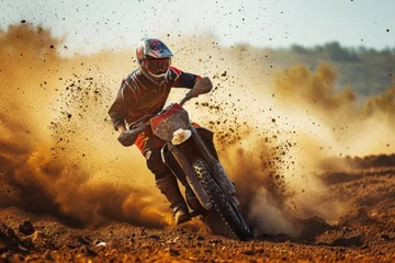 Fototapeten Motocross rider on the race in a dust. Extreme motocross sport. Motocross. Enduro. Extreme sport concept. © John Martin
