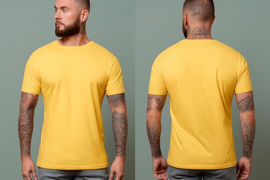 Male model in yellow t-shirt mockup: photo studio views, front and back - apparel template for designers and creatives