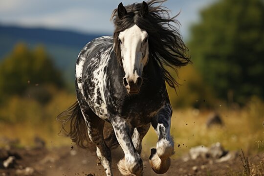 Tinker horse breed in its natural habitat against the backdrop of a forest and clearing. Concept: for use in materials about equestrian sports, agriculture and nature.
