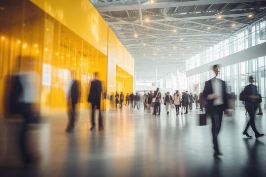 Blurred business people at a trade fair.