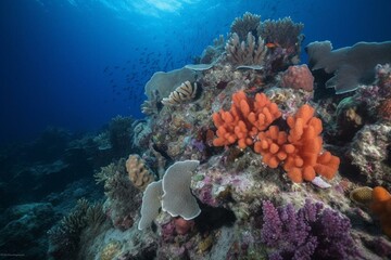 Corals and sponges thrive around a vibrant tropical coral reef. Generative AI