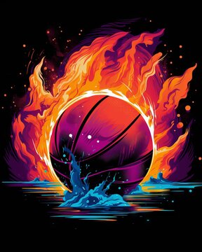 Retro basketball t-shirt design with neon vector art in a circular frame on a black background