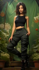 A cute Japanese girl wearing a black crop top, high-waisted jeans, and platform sneakers, stands against a vibrant green background with scattered flowers