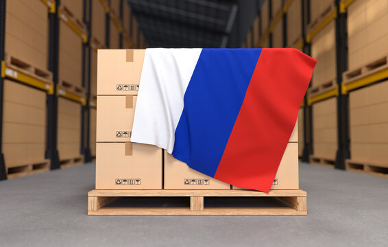 Crate boxes on wooden pallets with Russia flag, Cartons Cardboard Boxes in the warehouse. 3D illustration