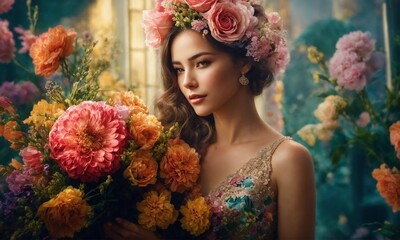 Naklejka premium Valentine's Elegance: A Graceful Woman Holding a Bouquet of Flowers for St. Valentine, Radiating Love and Romantic Vibes. Perfect for Conveying Affection and Celebrating Love.