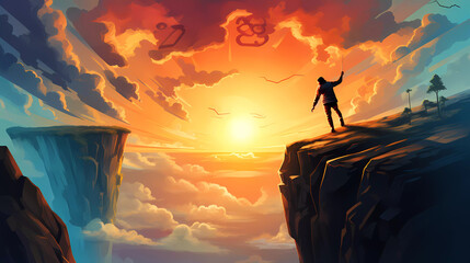 A person jumping off a cliff into the sky at sunset or dawn with the numbers 2012 and 2012 on the cliff - obrazy, fototapety, plakaty
