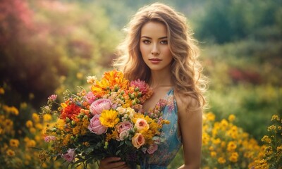 Naklejka premium Valentine's Elegance: A Graceful Woman Holding a Bouquet of Flowers for St. Valentine, Radiating Love and Romantic Vibes. Perfect for Conveying Affection and Celebrating Love.