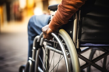 Obraz premium Unrecognizable senior person sitting in wheelchair, close up.