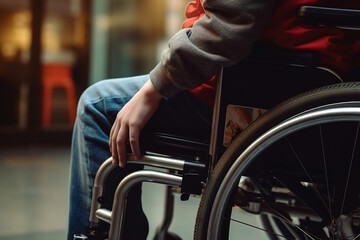 Obraz premium Cropped photo of paralyzed man using his wheelchair indoors.