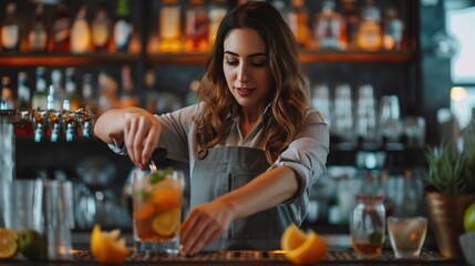 Beautiful woman preparing cocktail on the bar counter. Bartender woman concept.