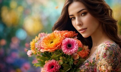 Naklejka premium Valentine's Elegance: A Graceful Woman Holding a Bouquet of Flowers for St. Valentine, Radiating Love and Romantic Vibes. Perfect for Conveying Affection and Celebrating Love.