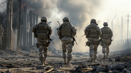 Military of soldiers walking on the war.