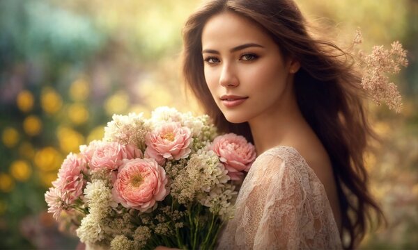 Valentine's Elegance: A Graceful Woman Holding a Bouquet of Flowers for St. Valentine, Radiating Love and Romantic Vibes. Perfect for Conveying Affection and Celebrating Love.