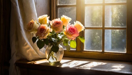 Roses in a Vase on a Window Sill: Sunlight streaming through a window illuminating a vase of roses. - obrazy, fototapety, plakaty