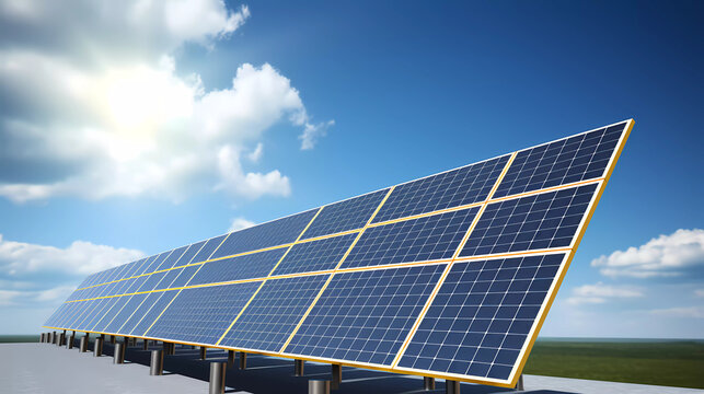 A row of solar panels with a blue sky background and a yellow arrow pointing up at the top of the rows