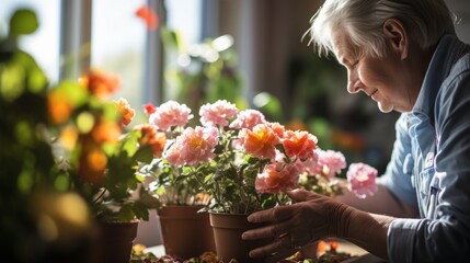 Grandmother plants flowers in a warm and cozy environment. Concept: leisure time of a retired pensioner, growing plants and flowers in pots and garden.