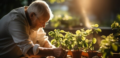 Grandfather plants flowers in the greenhouse. Concept: retirement, leisure and plant breeding and garden care
 - obrazy, fototapety, plakaty