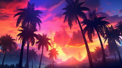 Fototapeta na wymiar palm trees on the coast at sunset
