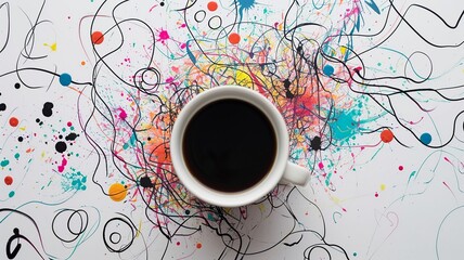 Creative Brainstorm: Coffee Cup Amid Colorful Doodles


