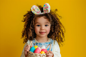 Obraz na płótnie Canvas Curly-haired girl with bunny ears and basket of Easter eggs.