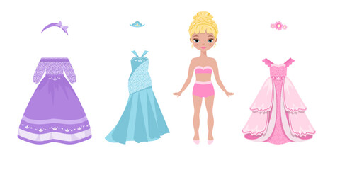 Paper doll clothes, Cute girl with dresses . Clothes set, collection. Vector illustration. Doll for children play. Princess girl, fairy. Cutouts. Fashion girl with dresses. Dress up, cutouts, cut out