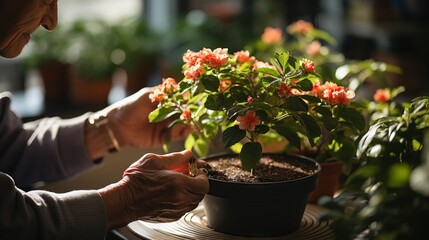 Elderly female hands near flower sprouts, close-up, pruning and fertilizing plants.
