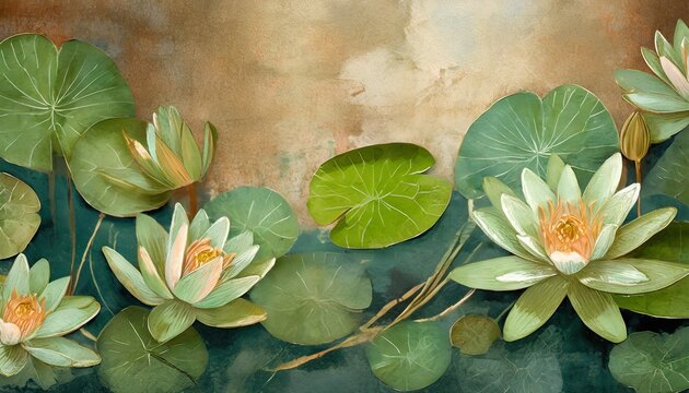 art painted leaves and water lilies on a textured background photo wallpaper for the interior