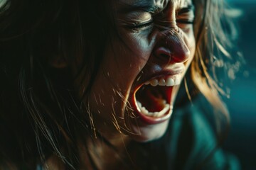 A person with a mental health condition, screaming, facial distort, Woman Shouting, Intense Emotion in Profile View, Vocal Expression of Passion