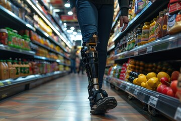 A person with a prosthetic limb shopping in a grocery store. disabled young man. Accessibility and Inclusion in Everyday Life concept. - obrazy, fototapety, plakaty