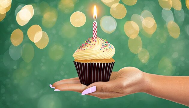 a right hand woman hand holding a sprinkles cupcake with a lit candle on top the light green background is out of focus with bokken lightsillustration