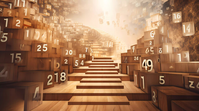 A set of wooden stairs with numbers on them in a room with a wall and flooring area in the background