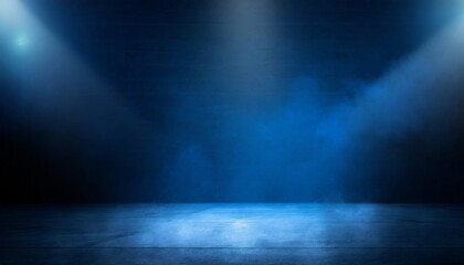 the dark stage shows dark blue background an empty dark scene neon light and spotlights the concrete floor and studio room with smoke float up the interior texture for display products - obrazy, fototapety, plakaty
