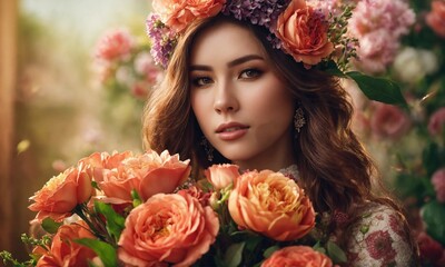 Fototapeta premium Valentine's Elegance: A Graceful Woman Holding a Bouquet of Flowers for St. Valentine, Radiating Love and Romantic Vibes. Perfect for Conveying Affection and Celebrating Love.