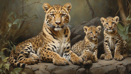portrait of a leopard with little Leopard
