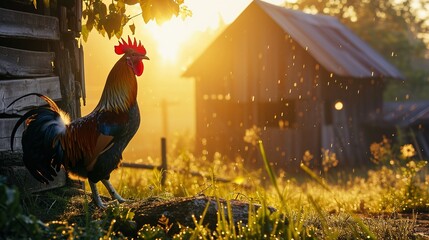 Beautiful scene of the countryside with dew on the grass and a rooster crowing. Created with Generative Ai technology. - obrazy, fototapety, plakaty