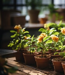 Fototapeta na wymiar Flowers in pots, growing plants at home 