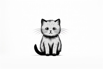 Funny Fluffy Cat: Cute Kitten with a Happy Smile - Black and White Cartoon Illustration on a Beautiful Artistic Background
