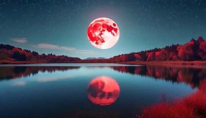 lake landscape with a red moon 4k wallpaper