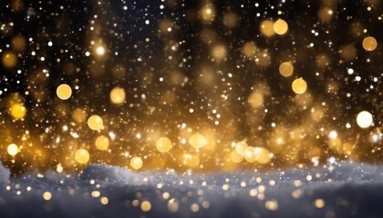 festive golden glittering in the dark night background with blurred bokeh lights and snow christmas and winter holidays background