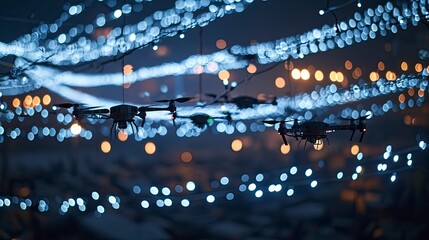 A swarm of drones choreographed in a breathtaking aerial ballet, lights painting patterns against the night sky, a fusion of technology and art.