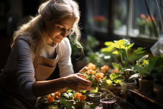 A woman plants flowers in a warm and cozy environment. Concept: leisure, growing plants and gardening