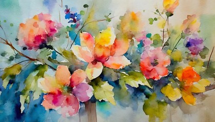 a branch of watercolor flowers an artistic drawing in bright colors on a textured background photo wallpaper in the interior